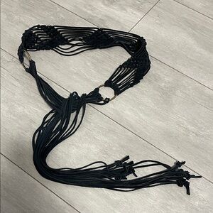 Bohemian Black Leather Belt Tassles Brushed Gold Accent, Size M